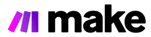Logotipo para "Make" con tres barras inclinadas en tonos morados a la izquierda, seguidas de "make" en negrita, letras minúsculas negras sobre un fondo claro, ideal para una agencia IA o agencia inteligencia artificial.