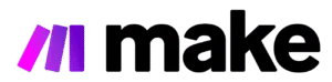 Logotipo para "Make" con tres barras inclinadas en tonos morados a la izquierda, seguidas de "make" en negrita, letras minúsculas negras sobre un fondo claro, ideal para una agencia IA o agencia inteligencia artificial.