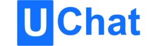 Logotipo con un gran cuadrado azul que contiene una letra "U" blanca junto a la palabra "Chat" en texto azul en negrita, representando una agencia IA, todo ello sobre un fondo gris claro.