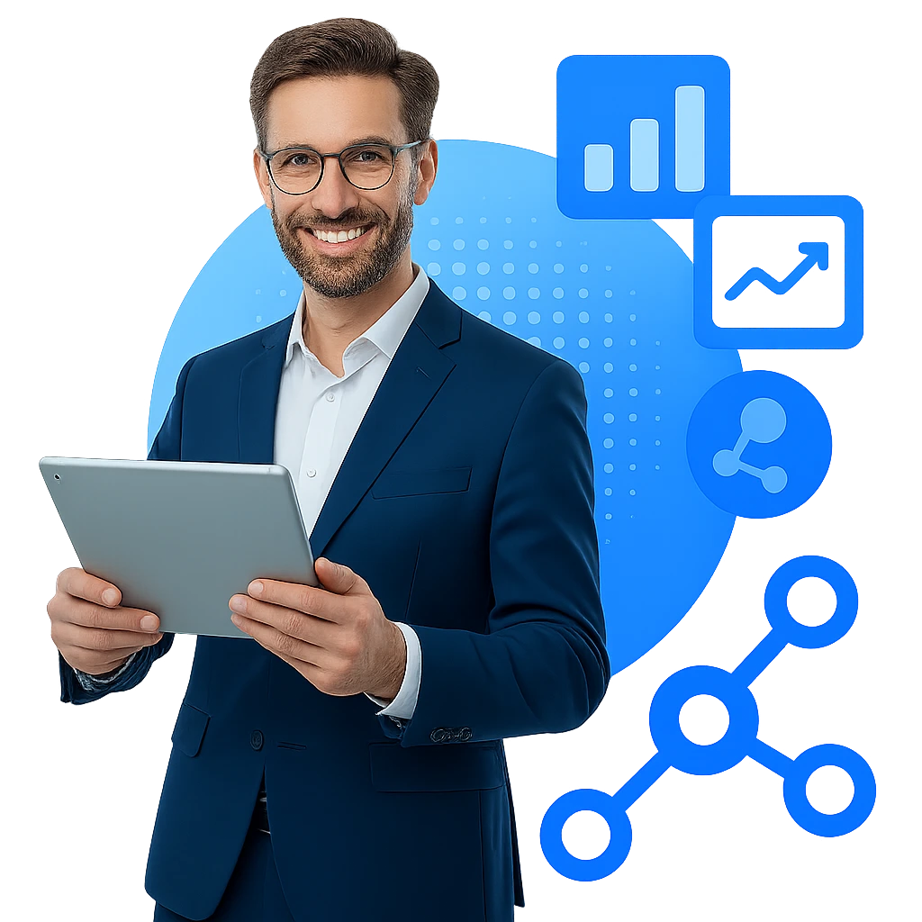 Un sonriente hombre de traje con una tableta en la mano ante iconos azules de negocios y datos, representando a una agencia de automatizacion digital con modernos graficos y simbolos de red sobre un fondo digital dinamico.