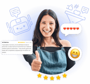 Una mujer sonriente con delantal levanta el pulgar. A su alrededor hay iconos, como corazones, una cara sonriente, un chatbot y un embudo. En la parte inferior hay cinco estrellas y una opinión positiva de un cliente en español.
