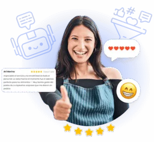 Una mujer sonriente con delantal levanta el pulgar. A su alrededor hay iconos, como corazones, una cara sonriente, un chatbot y un embudo. En la parte inferior hay cinco estrellas y una opinión positiva de un cliente en español.