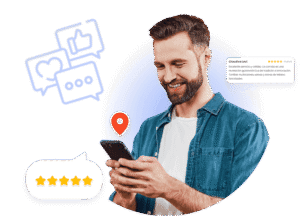 Un hombre sonriente con camisa vaquera mira su smartphone. A su alrededor hay iconos ilustrados de burbujas de chat, un corazón, un pulgar hacia arriba, un pin de localización y una calificación de cinco estrellas.