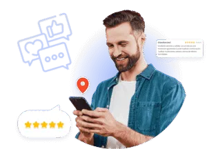 Un hombre sonriente con camisa vaquera mira su smartphone. A su alrededor hay iconos ilustrados de burbujas de chat, un corazón, un pulgar hacia arriba, un pin de localización y una calificación de cinco estrellas.