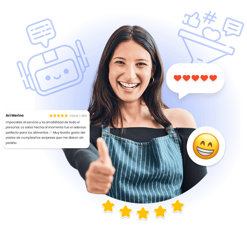 Una mujer sonriente con delantal levanta el pulgar. A su alrededor hay iconos de chat y emoji, una reseña de cliente de 5 estrellas y emojis de corazón y cara sonriente, que sugieren comentarios positivos y satisfacción.