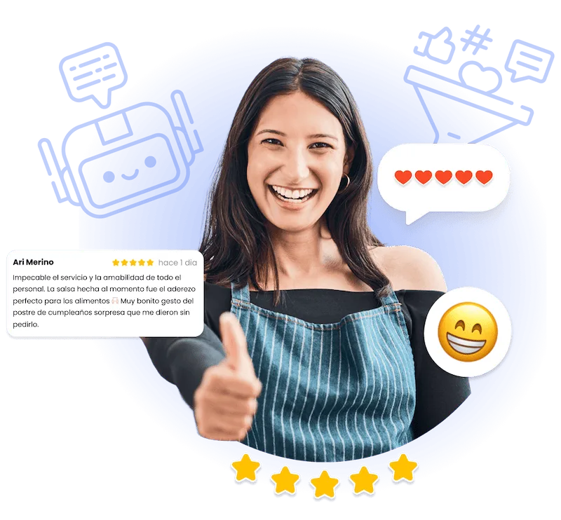Una mujer sonriente con delantal levanta el pulgar. A su alrededor hay iconos de chat y emoji, una reseña de cliente de 5 estrellas y emojis de corazón y cara sonriente, que sugieren comentarios positivos y satisfacción.